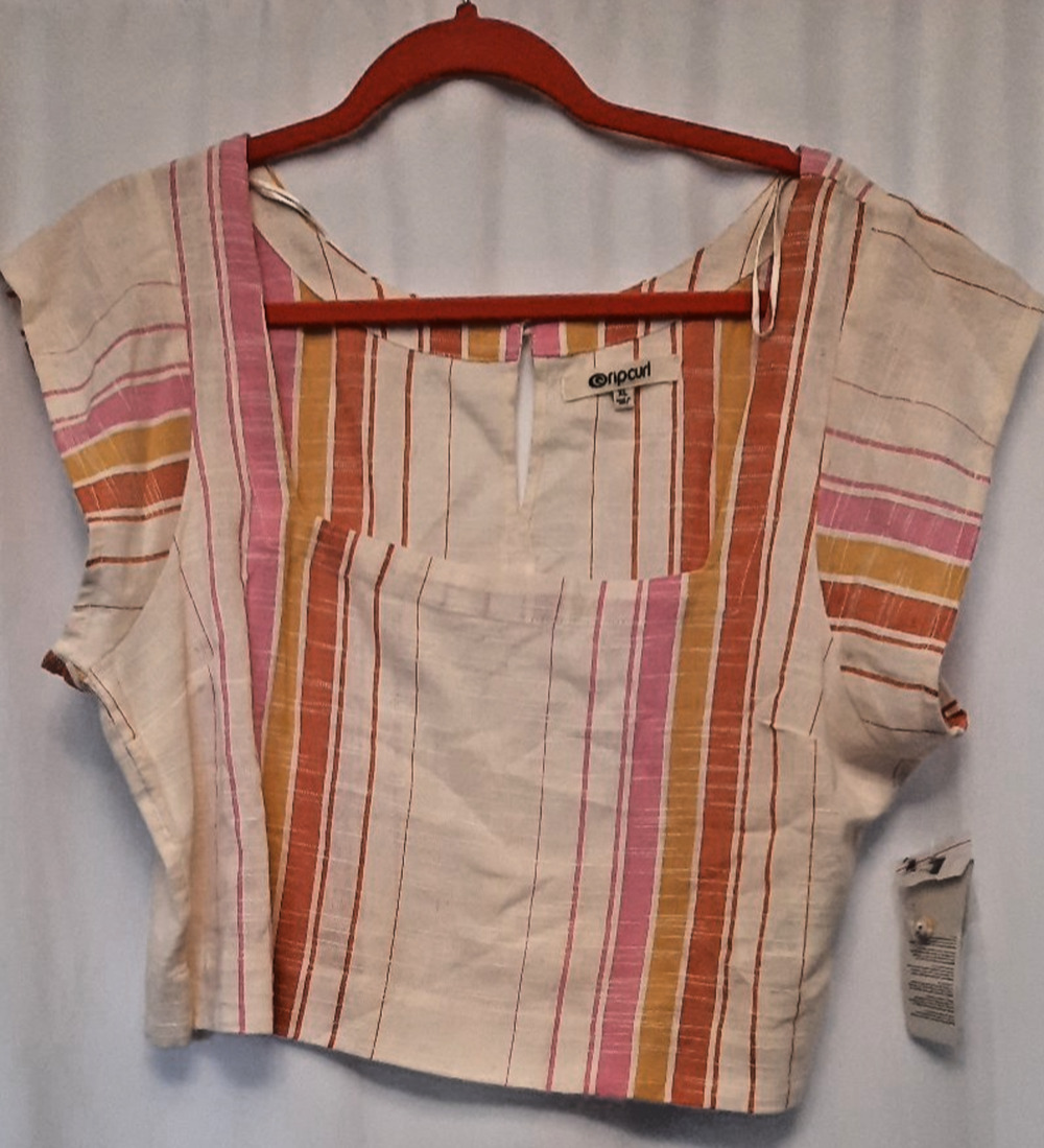 Rip Curl NWT blouse multicolor stripe design XL crop button on neck